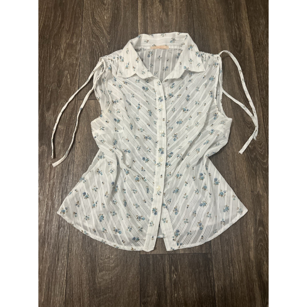 VTG Forever 21 Floral Sheer Blouse Tie Shoulder Button Front Boho Cottage